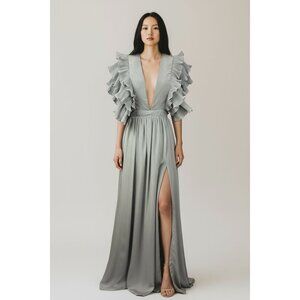 NEW TRUE DECADENSE Womens Sz 10 Gray Cap Ruffle Sleeve V-Neck Evening Maxi Gown